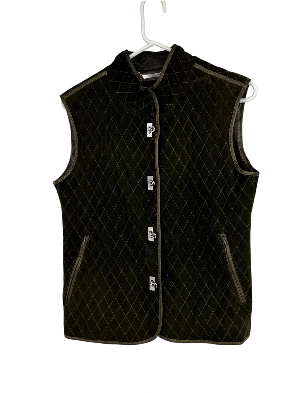 Rossi & Caruso Argentina Large Olive Green Quilted Goat Suede Leather Trim Vest